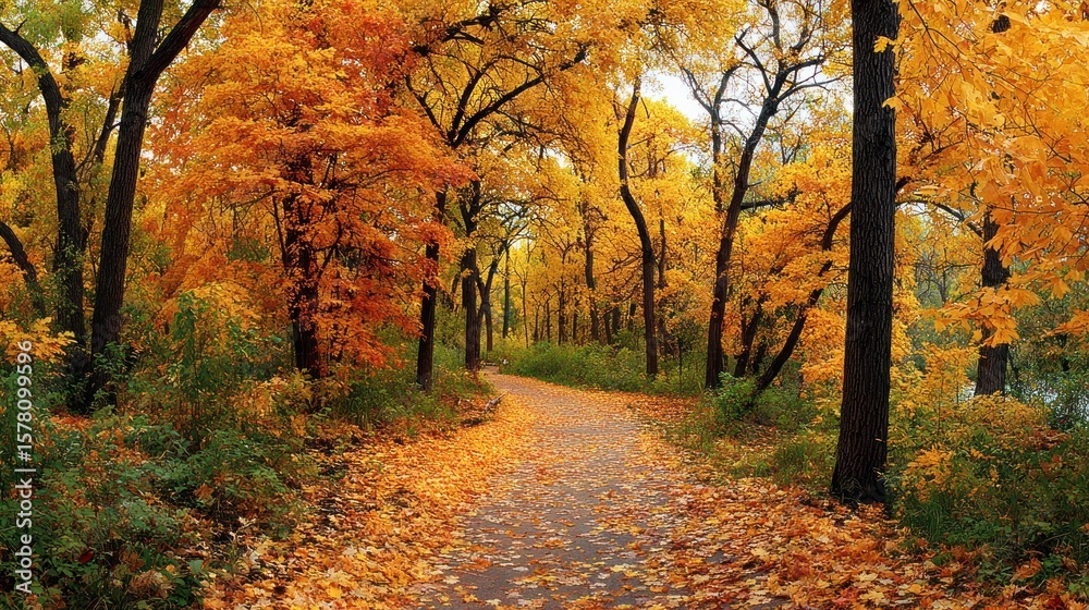 Obraz premium Autumnal path through vibrant forest