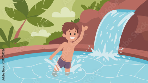 Minimalist Vector SVG Illustration of Child Playing in Water with Waterfall and Tropical Plants in Flat Design Style