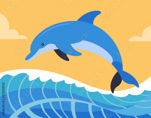Vector SVG Illustration of Dolphin Jumping Over Waves in Modern Flat Style with Bright Colors for Web and Digital Media