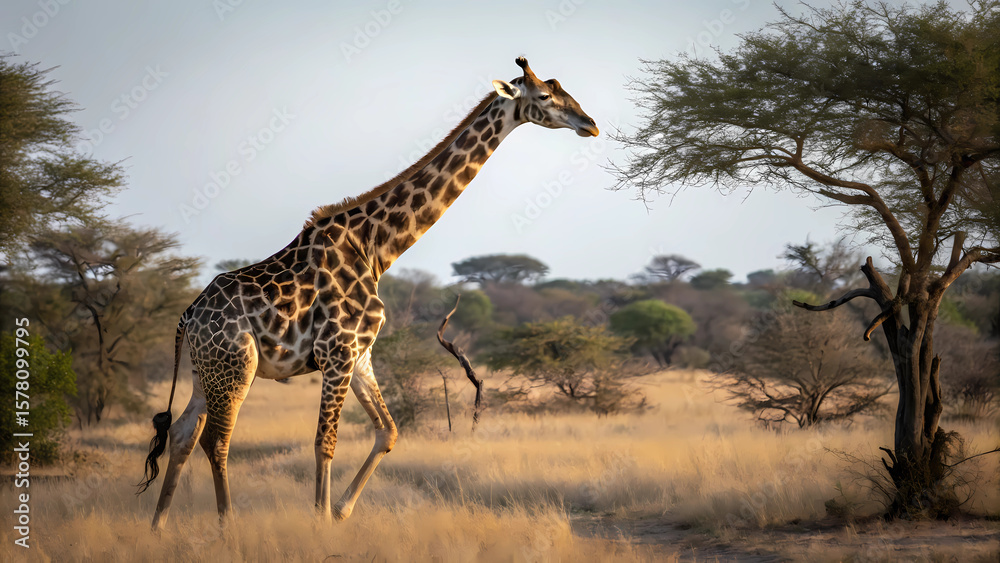 Obraz premium Giraffe eating leaves in african savanna wildlife photography safari animal wallpaper background image 100