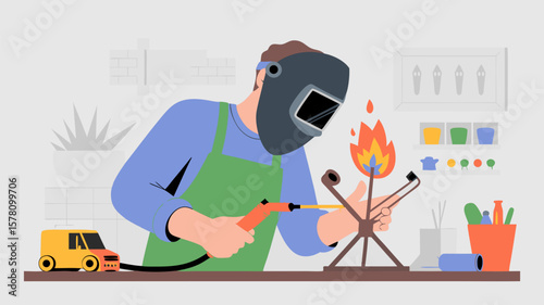 Vector SVG Illustration of a Person Welding a Tree with Fire in Flat Modern Style with Bright Colors for Digital and Web Use