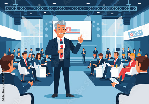 Vector SVG Illustration of Business Conference Speaker with Audience in Modern Flat Style with Blue Color Scheme