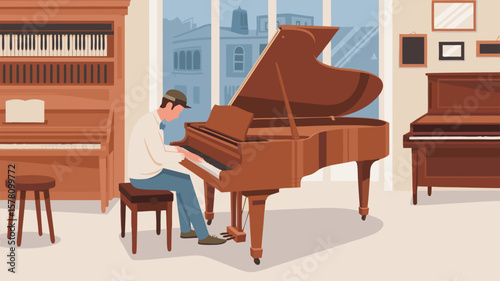 Illustration Vector SVG Artwork of Man Playing Grand Piano in Modern Room Flat Style
