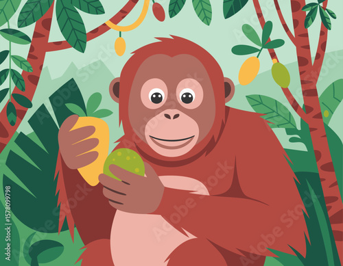 Vector SVG Illustration of a Friendly Orangutan Holding Fruits in Flat Modern Style with Bright Colors