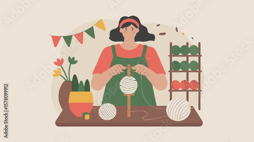 Minimalist Vector SVG Illustration of Woman Knitting with Yarn Balls and Shelves in Flat Modern Style with Soft Earth Tones