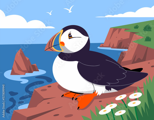 Vector SVG Illustration of a Puffin Bird on Rocky Cliff with Blue Sky and Seagulls in Modern Flat Style