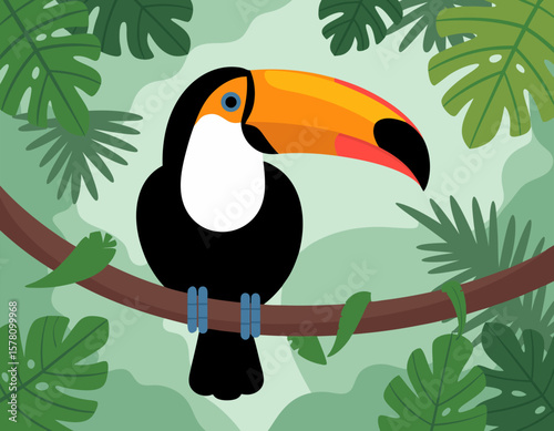 Vector SVG Illustration of Tropical Toucan Bird with Green Leaves in Modern Flat Style for Digital Media