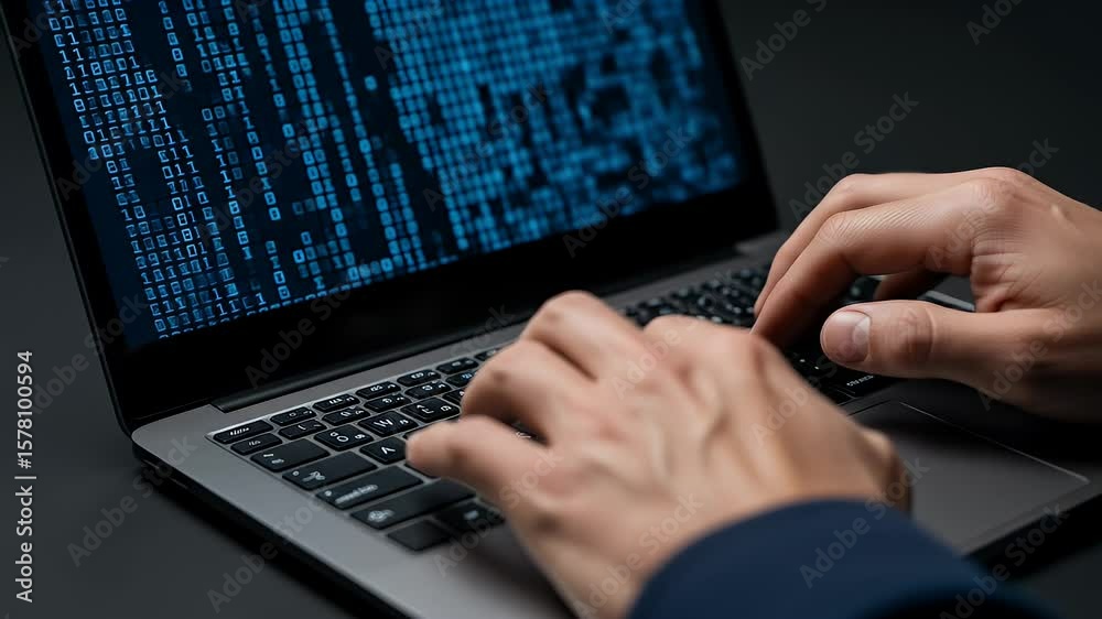 Cybersecurity: Hacker Typing on Laptop, Blue Code on Screen Cybersecurity: Hacker Typing on Laptop, Blue Code on Screen