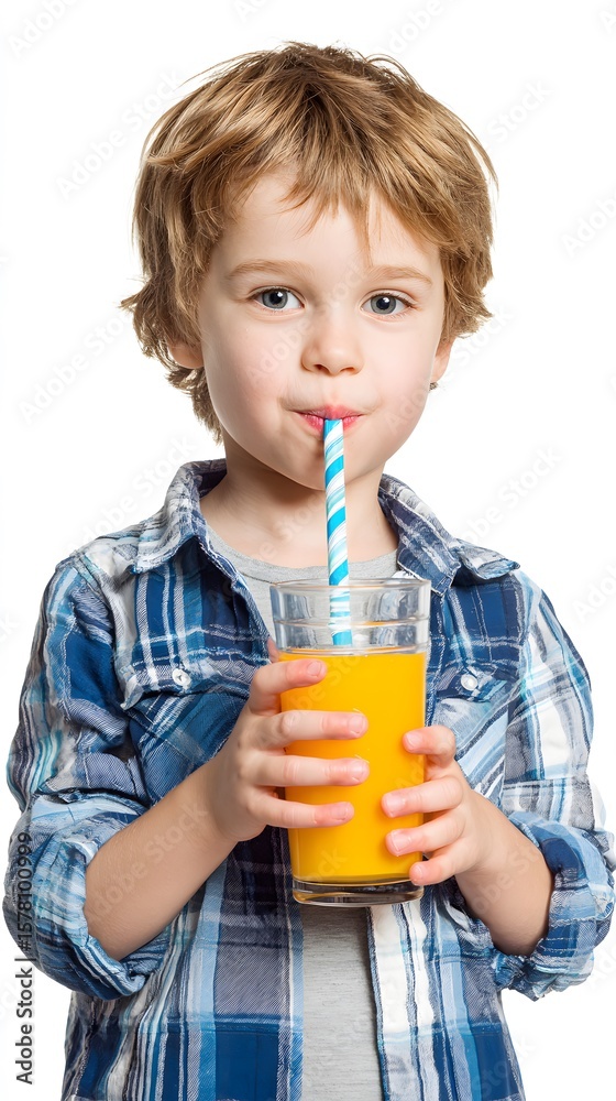 A boy drinking juice with a straw on a white background A boy drinking juice with a straw on a white background