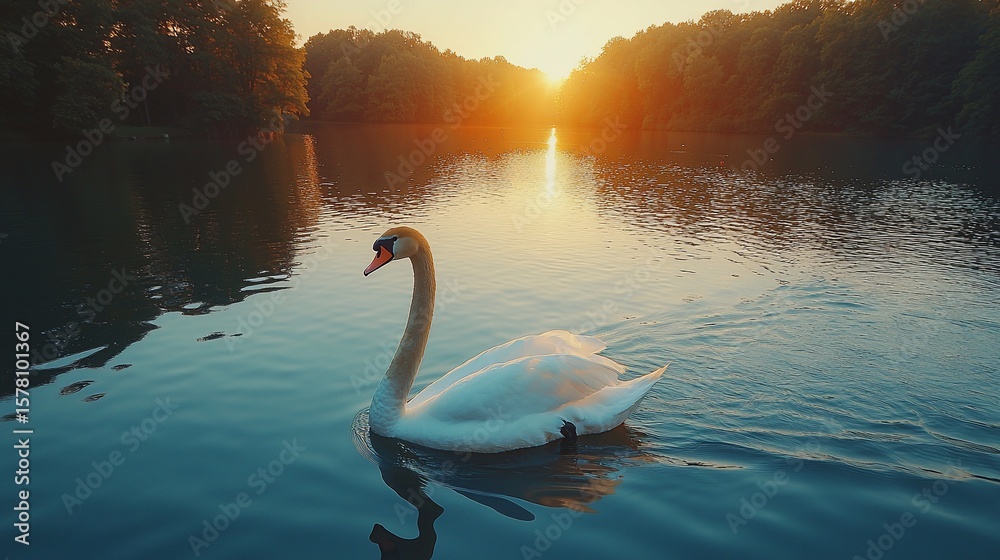 Fototapeta premium Swan on tranquil lake at sunset