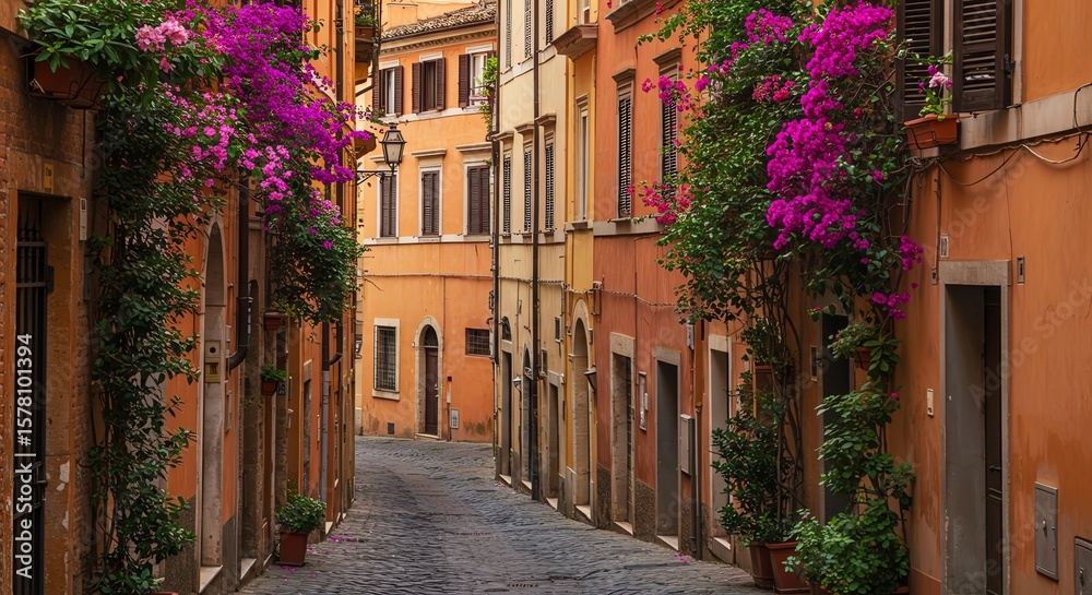 Obraz premium Bougainvillea cascades down sunlit buildings on a narrow cobblestone street in Rome