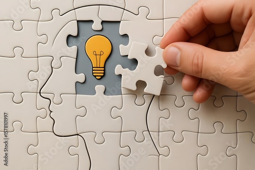 Hand placing the final puzzle piece, revealing a bright idea lightbulb inside a human head silhouette
