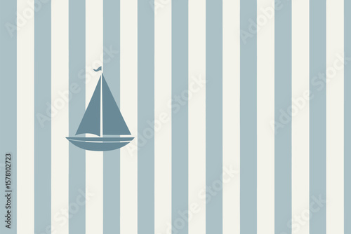 Gentle sailboat illustration on a striped pale blue and white nautical background brings a soothing, maritime mood