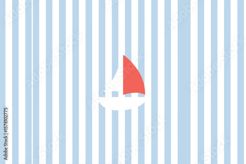 Simple sailboat illustration on a striped blue and white background creates a nautical feel.