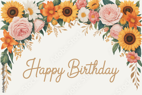 Floral birthday greeting featuring roses, sunflowers, and daisies beautifully arranged on a cream backdrop