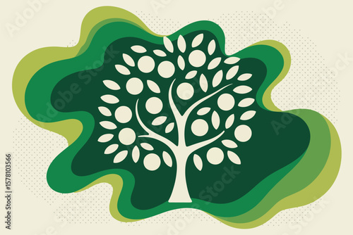 Graphic design features a tree laden with fruit and layered, textured green background, suggesting themes of growth and nature.