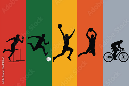 Diverse sports activity showcase displays hurdles, soccer, basketball, and cycling with athletic black silhouettes against vibrant color backgrounds.