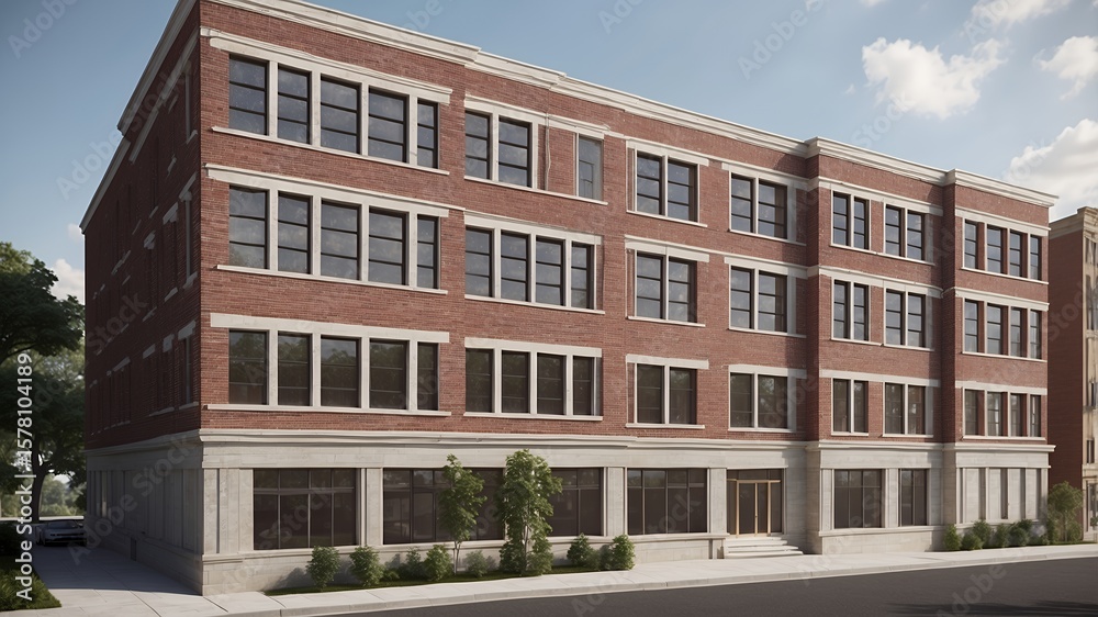 The classic brick facade of a traditional apartment building or townhouse with stone detailing The classic brick facade of a traditional apartment building or townhouse with stone detailing