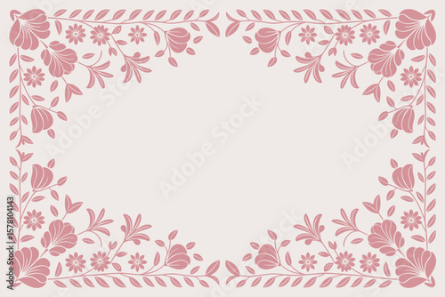 Delicate dusty rose floral frame design with blooming flowers and leaves for elegant invitations and creative projects.