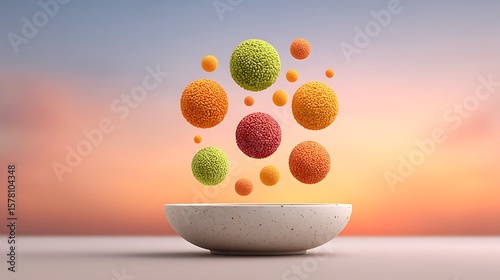 Zen Levitation Plate Chakra Colored Food Spheres Floating Symmetrical Spiritual Sunrise Gradient Background Sacred Balance Aesthetic