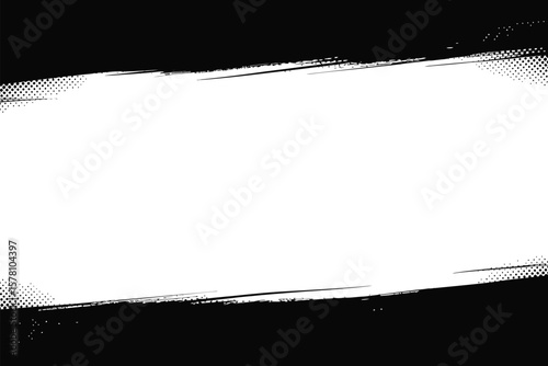 Abstract design of black ink brush strokes with halftone texture creates a dynamic frame