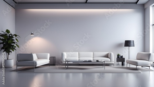 Modern white sofa armchairs a minimalist living room a large empty wall, perfect interior design home decor inspiration.