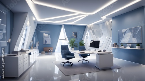 Sleek, modern office interior stunning city views a minimalist design.