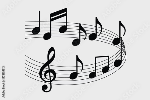 Musical notes cascade across staffs in an illustrative artwork, a graphic representation of melody and rhythm.