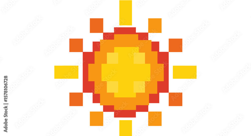 Fototapeta premium Pixel art sun graphic, vibrant orange and yellow, simple design.
