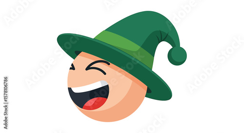 A cartoon face wearing a green wizard hat, laughing broadly.