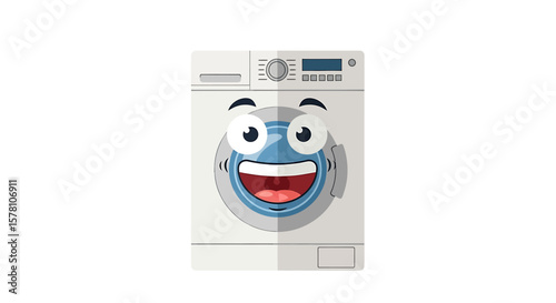 A cheerful cartoon washing machine with smiling face, ready to clean.