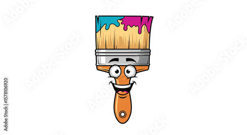 Cartoon paintbrush with a happy face, bristles covered in blue and pink paint.