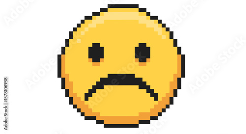 Pixelated yellow smiley face with a sad expression, featuring downturned mouth and square eyes.