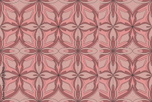 Decorative floral pattern with rose and dusty pink hues creating a stylized repeating motif for backgrounds and design projects.