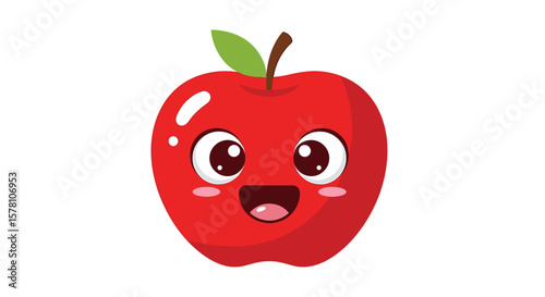 A cheerful cartoon apple with big eyes and a wide smile.