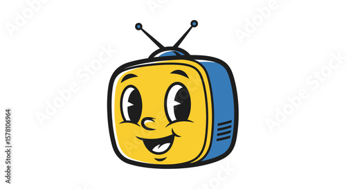 A cheerful cartoon television character with a smiling face and antenna.