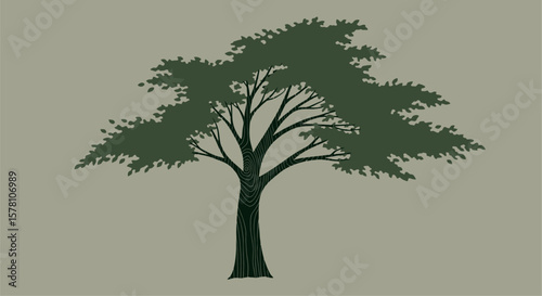 A stylized illustration of a large, verdant tree, its branches reaching wide against a muted background.