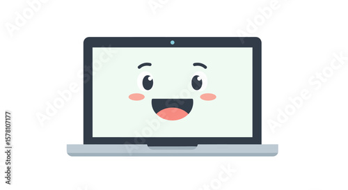 Cute cartoon laptop with a happy face, cheerful digital device.