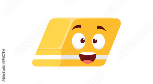 A cheerful, cartoon eraser with a happy expression, angled slightly, ready to erase mistakes.