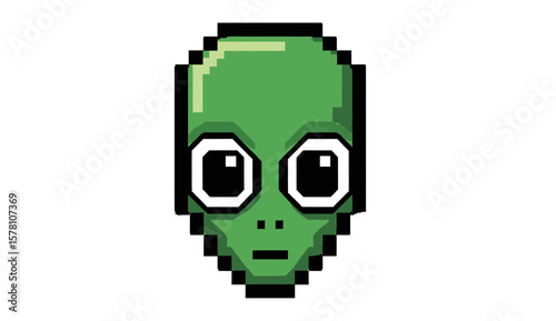 Pixel art depiction of a friendly, green alien's head.