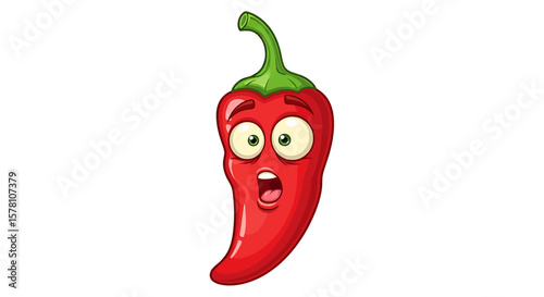 Cartoon chili pepper with surprised expression, open mouth, and wide eyes.