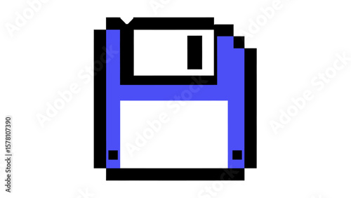 Pixelated floppy disk icon, blue on white background, representing save or storage.