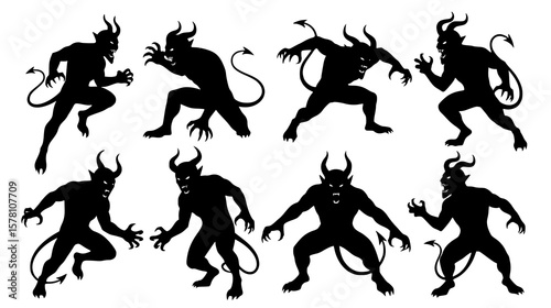 Silhouettes of demons with horns and tails in various poses, isolated on white background