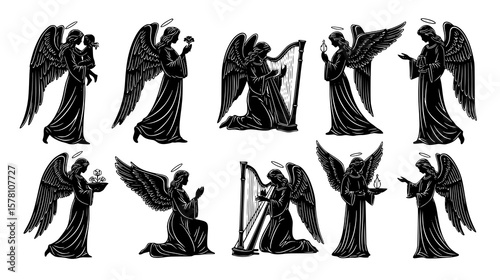 Silhouettes of angels with wings and halos in various poses, isolated on white background
