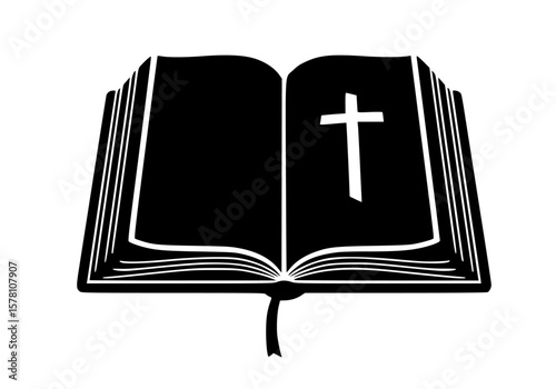 An open bible with a cross symbol on its pages, isolated on white background