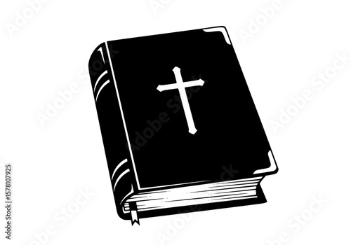 A closed bible with a cross symbol on its cover, isolated on white background