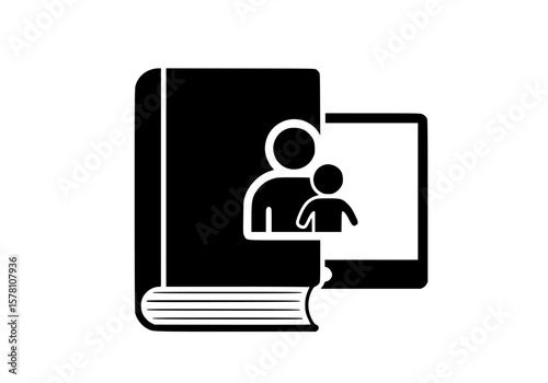 A book and a tablet displaying a parent and child, symbolizing shared learning