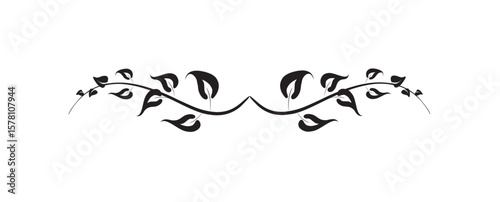 Symmetrical floral divider element with leaves and branches, black on white background.