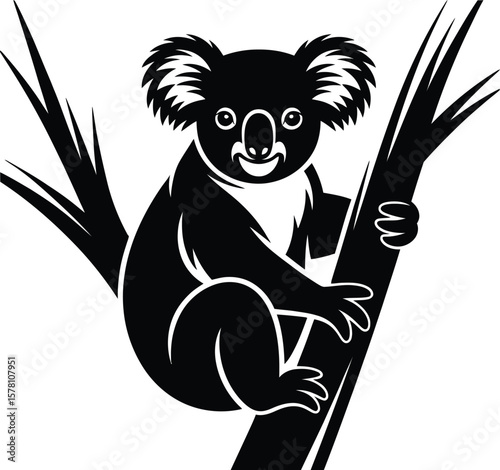 Black koala climbing tree animal black and white