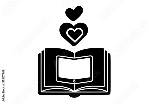 An open book with a tablet screen and hearts, symbolizing a passion for digital education